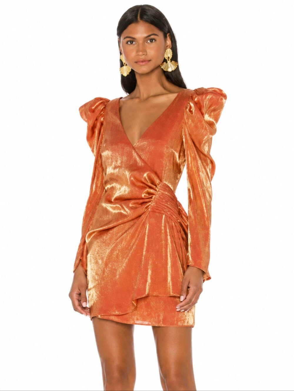 Elliatt Metallic Copper Gold Puff Shoulder Long Sleeve Wrap Mini Dress